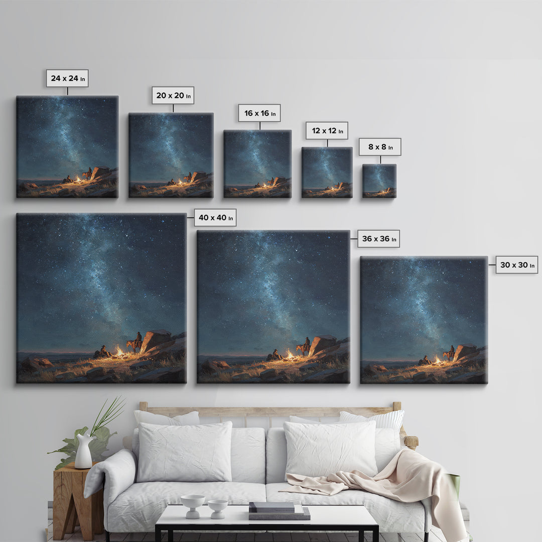 Cowboys By Campfire Under Milky Way Night Sky Wall Art Print, Western Landscape Painting, Rustic Country Home Decor Art