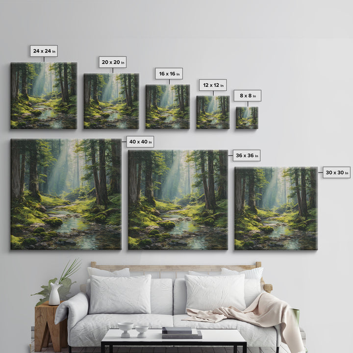 Sunlit Forest Creek Landscape Wall Art Nature Painting Canvas Print Rustic Home Decor Cabin Living Room Wall Art