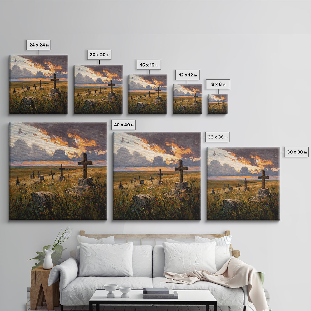 Moody Sunset Graveyard Landscape Wall Art, Dramatic Sky Rustic Canvas Print, Gothic Dark Academia Decor For Living Room