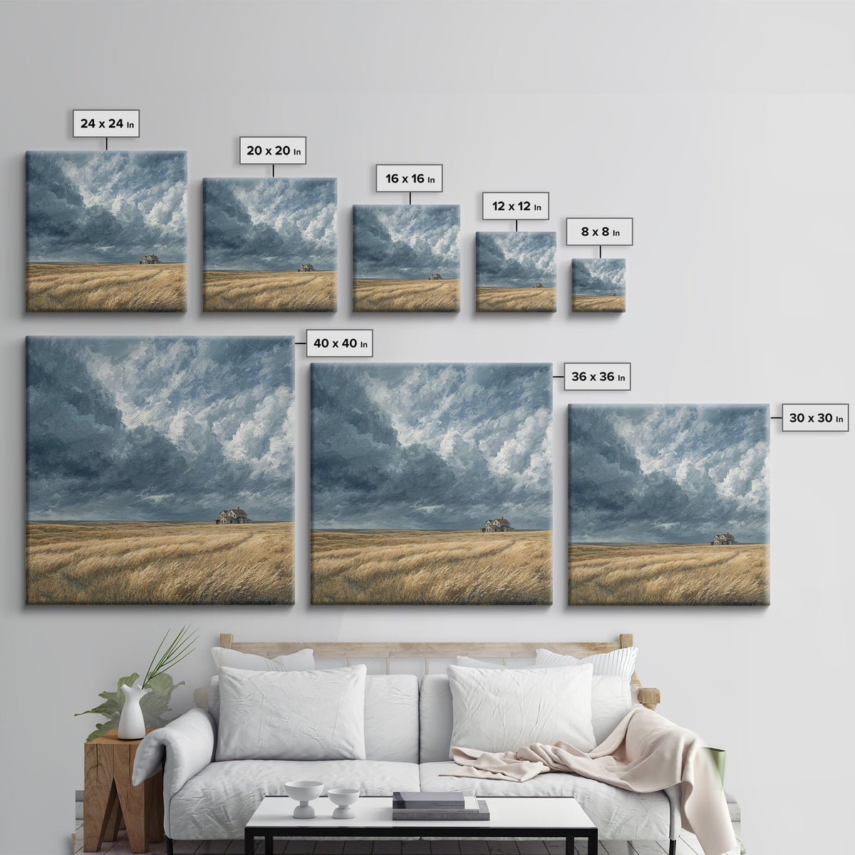 Moody Prairie House Stormy Sky Landscape Wall Art, Large Horizontal Canvas Print, Rustic Farmhouse Decor Living Room Art