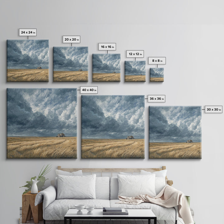 Moody Prairie House Stormy Sky Landscape Wall Art, Large Horizontal Canvas Print, Rustic Farmhouse Decor Living Room Art