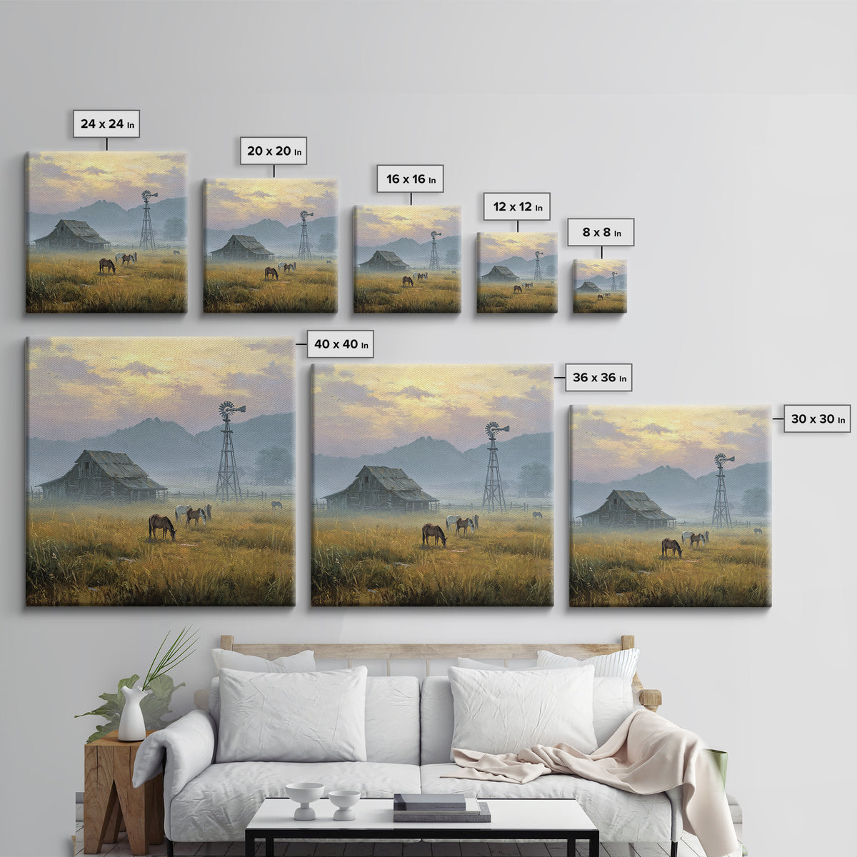 Rustic Barn And Horses Landscape Wall Art Canvas Print, Western Country Decor, Farmhouse Wall Art, Large Living Room Art