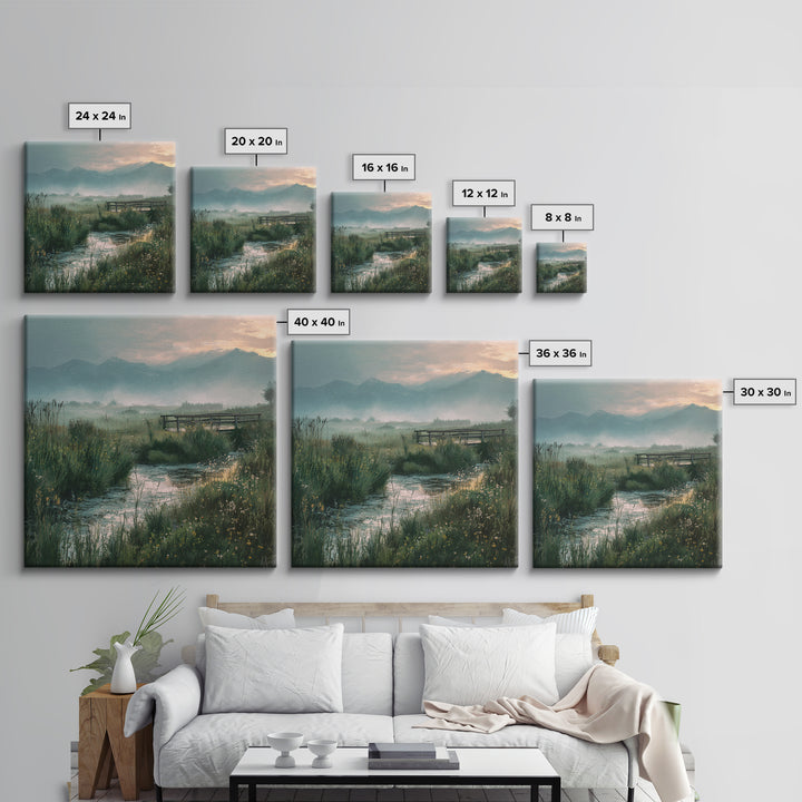 Tranquil Meadow Stream With Wooden Bridge And Mountains Landscape Wall Art Framed Canvas Print For Bedroom Decor
