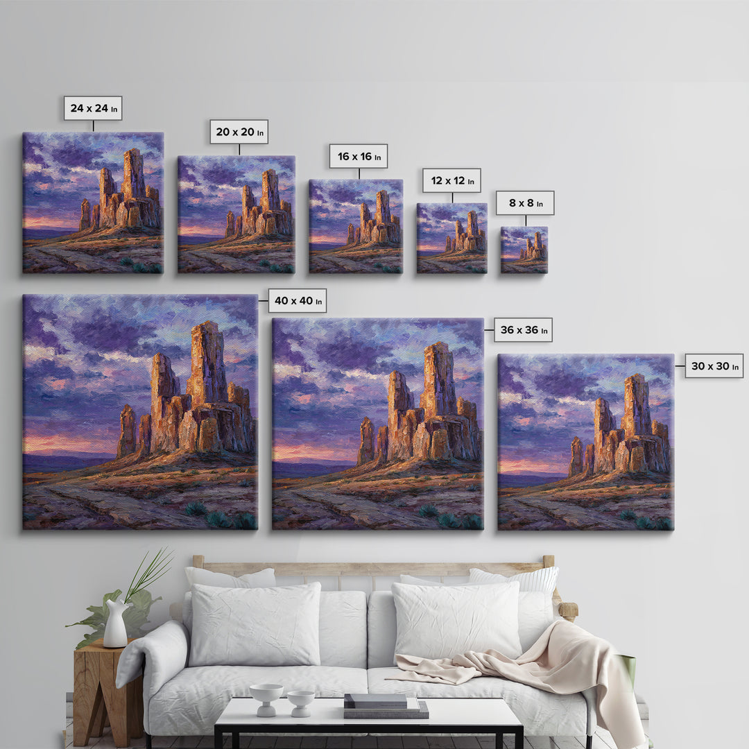 Desert Buttes At Sunset Wall Art, Southwestern Landscape Painting, Colorful Rustic Country Decor, Large Western Canvas Print