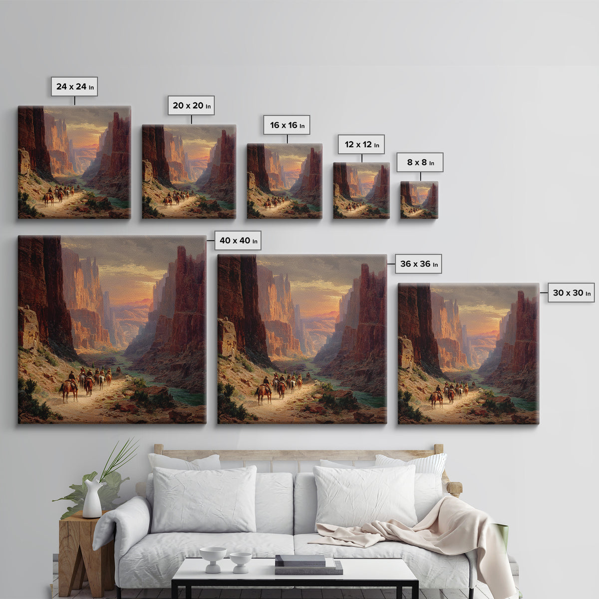 Cowboys Riding Through Canyon At Sunset Wall Art, Western Landscape Painting Print, Rustic Southwest Decor Living Room Art