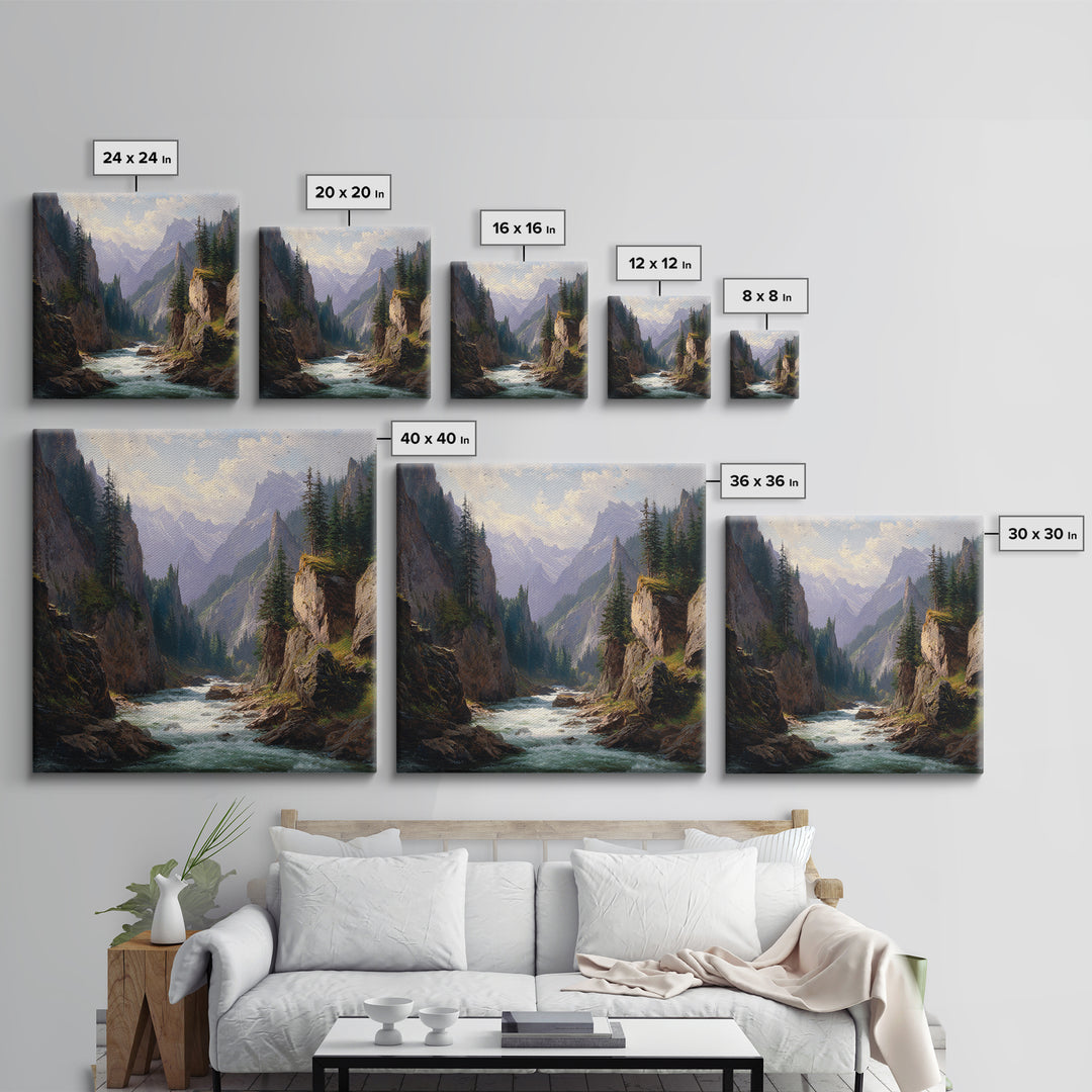 Majestic Mountain River Landscape Oil Painting Wall Art, Large Nature Canvas Print, Rustic Cabin And Living Room Decor
