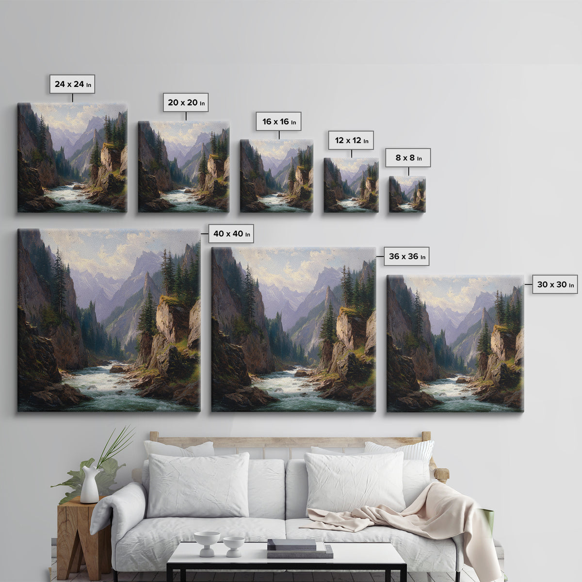 Majestic Mountain River Landscape Oil Painting Wall Art, Large Nature Canvas Print, Rustic Cabin And Living Room Decor