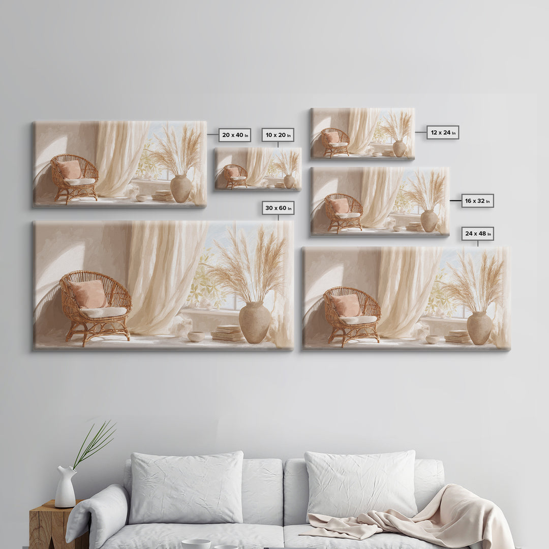Sunlit Wicker Chair And Pampas Grass Framed Canvas Print, Neutral Boho Wall Decor, Cozy Bedroom Art For Modern Home Decor