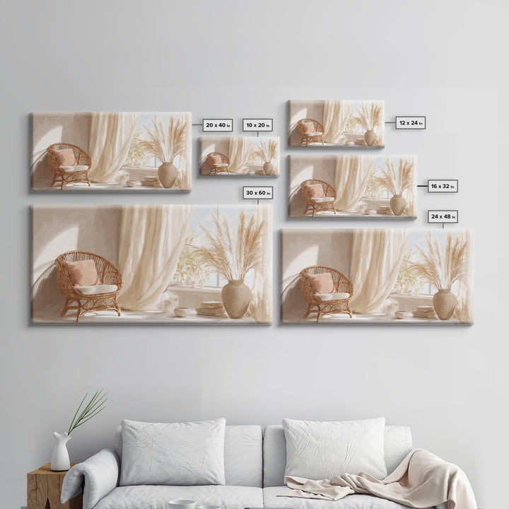 Sunlit Wicker Chair And Pampas Grass Framed Canvas Print, Neutral Boho Wall Decor, Cozy Bedroom Art For Modern Home Decor