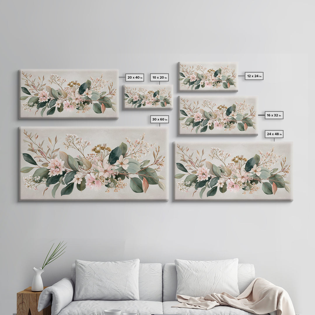 Soft Pink Floral Greenery Canvas Print, Eucalyptus Botanical Wall Decor, Neutral Living Room Art, Modern Farmhouse Decor