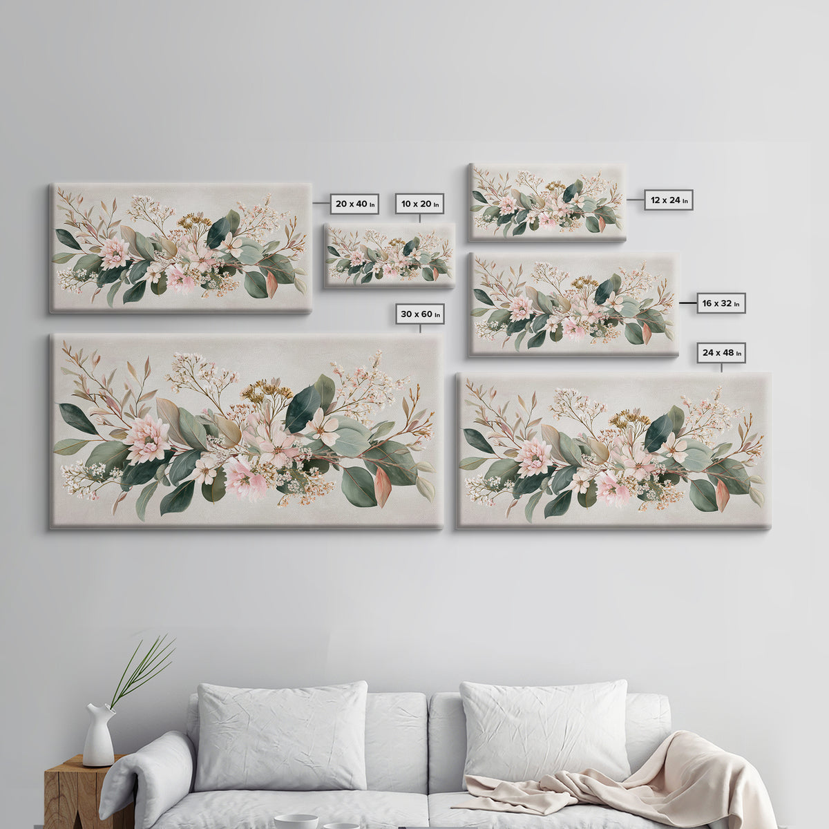 Soft Pink Floral Greenery Canvas Print, Eucalyptus Botanical Wall Decor, Neutral Living Room Art, Modern Farmhouse Decor