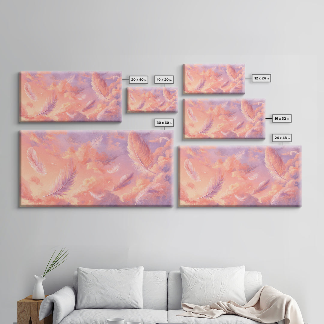Pink Feather Sky Canvas Print, Dreamy Pastel Cloud Art, Celestial Nursery Decor, Whimsical Bedroom Wall Decor Gift For Her