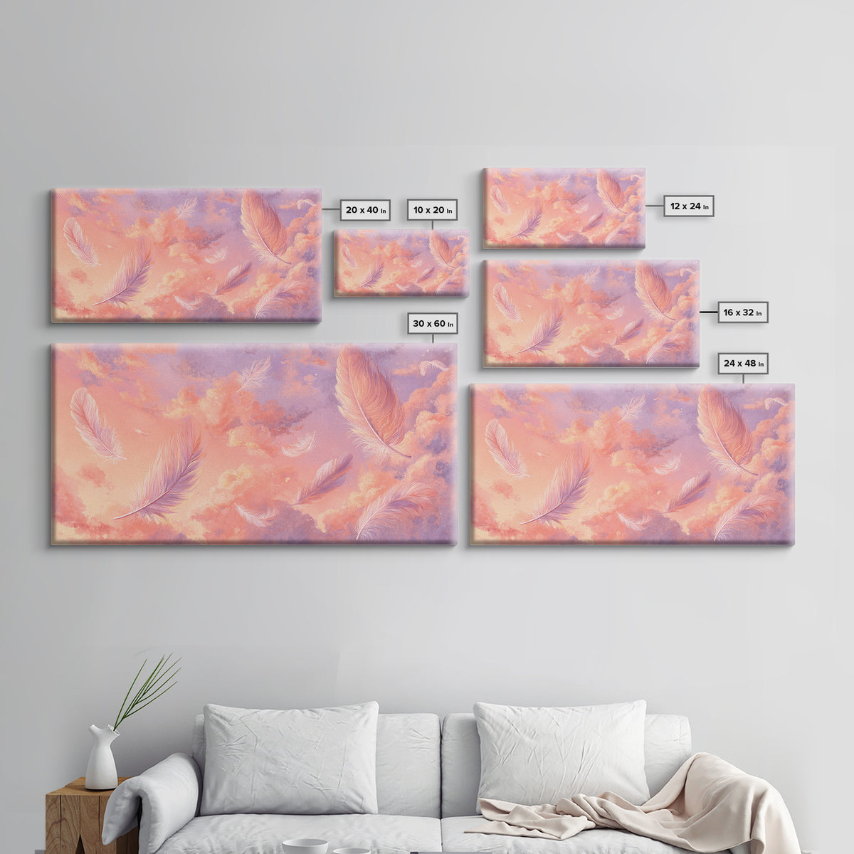 Pink Feather Sky Canvas Print, Dreamy Pastel Cloud Art, Celestial Nursery Decor, Whimsical Bedroom Wall Decor Gift For Her