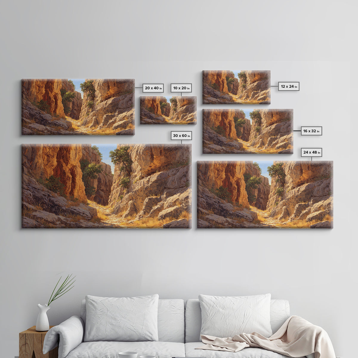 Rustic Canyon Landscape Oil Painting Bright Earth Tone Wall Art Framed Canvas Print Ideal For Living Room Decor Nature Lovers Gift