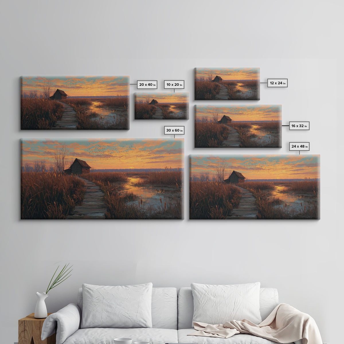 Rustic Autumn Wetland Landscape With Wooden Pathway Original Oil Painting Framed Canvas Print For Cozy Home Decor