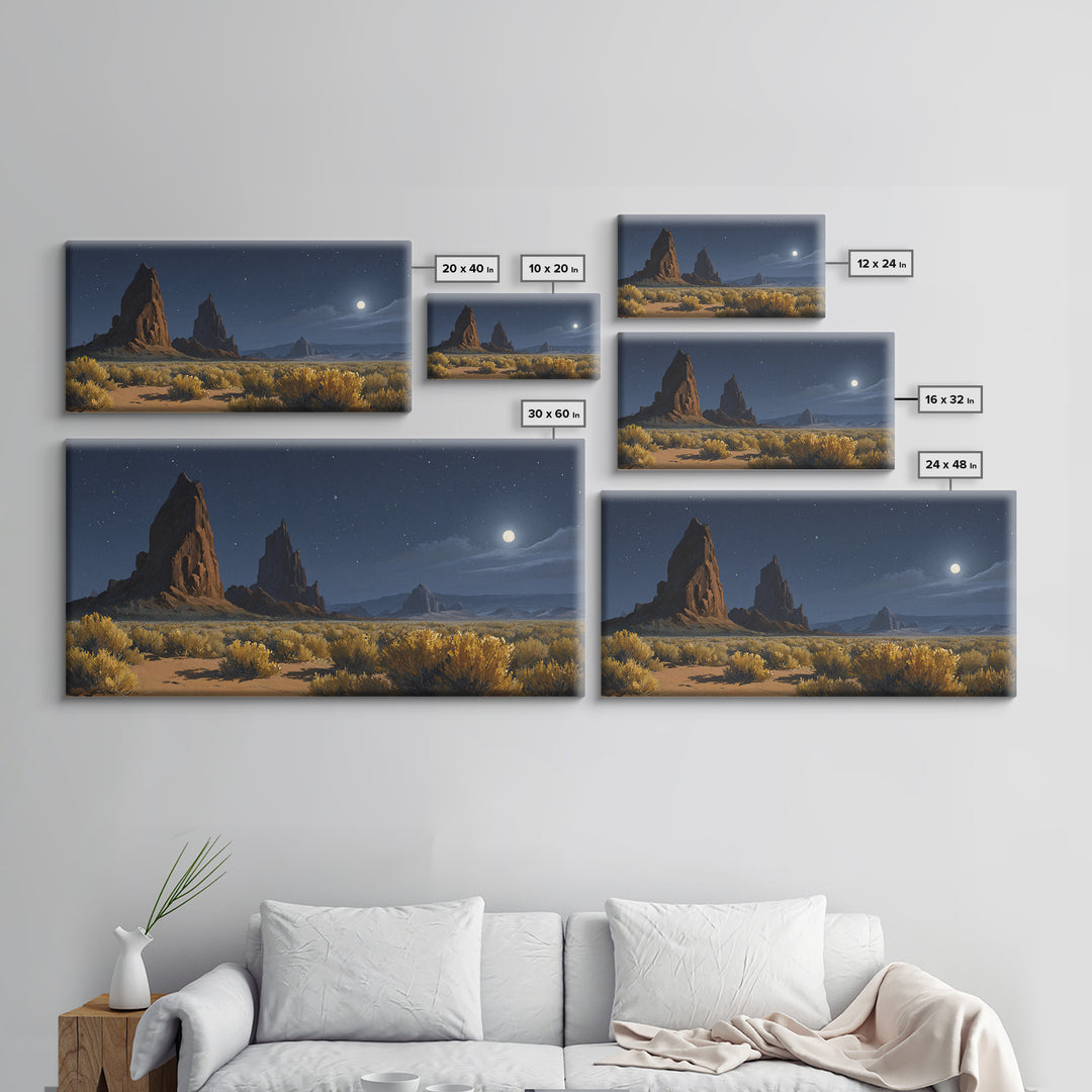 Moonlit Desert Landscape With Majestic Rock Formations And Starry Sky Original Oil Painting Wall Art Canvas Print