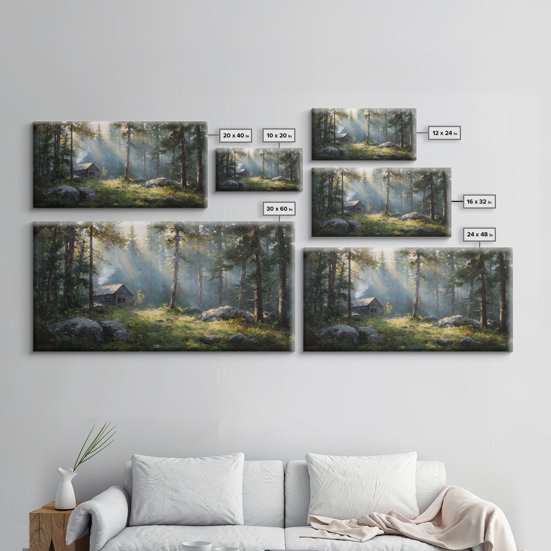 Beautiful Forest Cabin With Sunlight Streaming Through Trees Oil Painting Canvas Print Wall Art