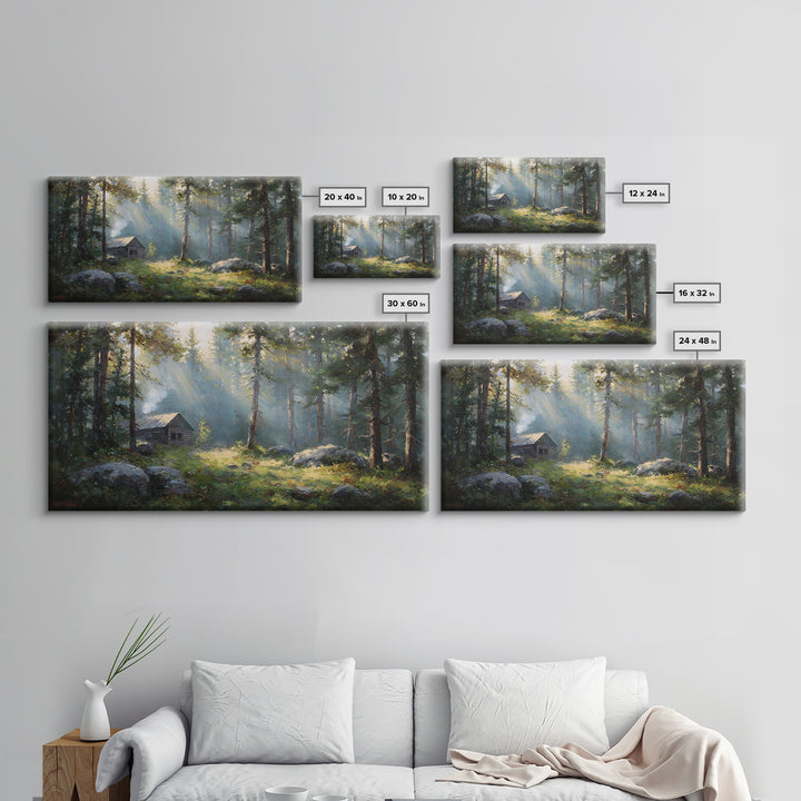 Beautiful Forest Cabin With Sunlight Streaming Through Trees Oil Painting Canvas Print Wall Art