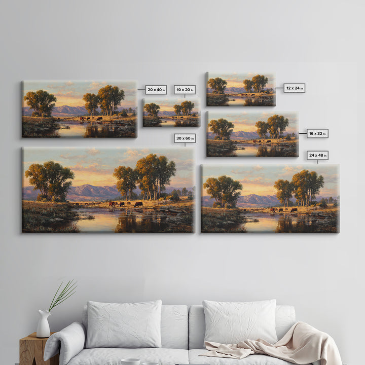 Warm Sunset Over Mountains Large Landscape Wall Art Framed Canvas Print Rustic Nature Home Decor