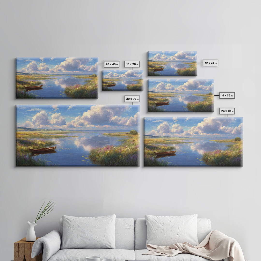 Tranquil Lake Landscape With A Wooden Rowboat in Soft Light Wall Art Framed Canvas Print for Living Room Decor and Home