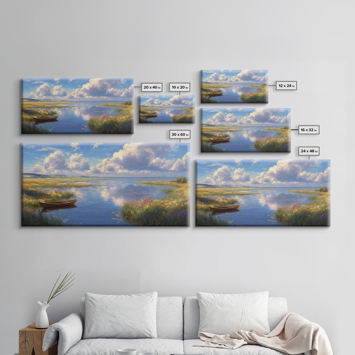 Tranquil Lake Landscape With A Wooden Rowboat in Soft Light Wall Art Framed Canvas Print for Living Room Decor and Home