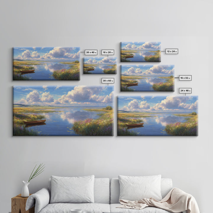 Tranquil Lake Landscape With A Wooden Rowboat in Soft Light Wall Art Framed Canvas Print for Living Room Decor and Home