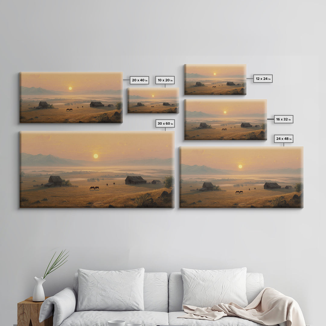 Golden Hour Peaceful Ranch Landscape With Horses Wall Art Framed Canvas Print Rustic Western Decor Original Landscape Home Decor