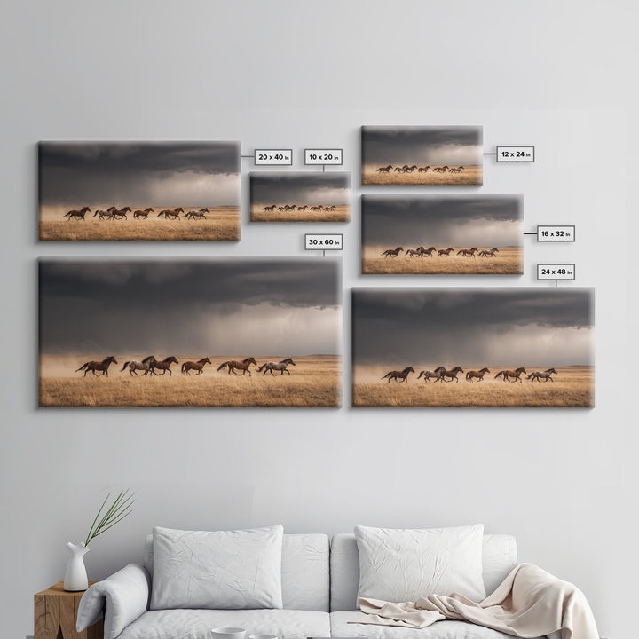 Majestic Wild Horses Running In Field Large Landscape Wall Art Framed Canvas Print Western Farmhouse Decor
