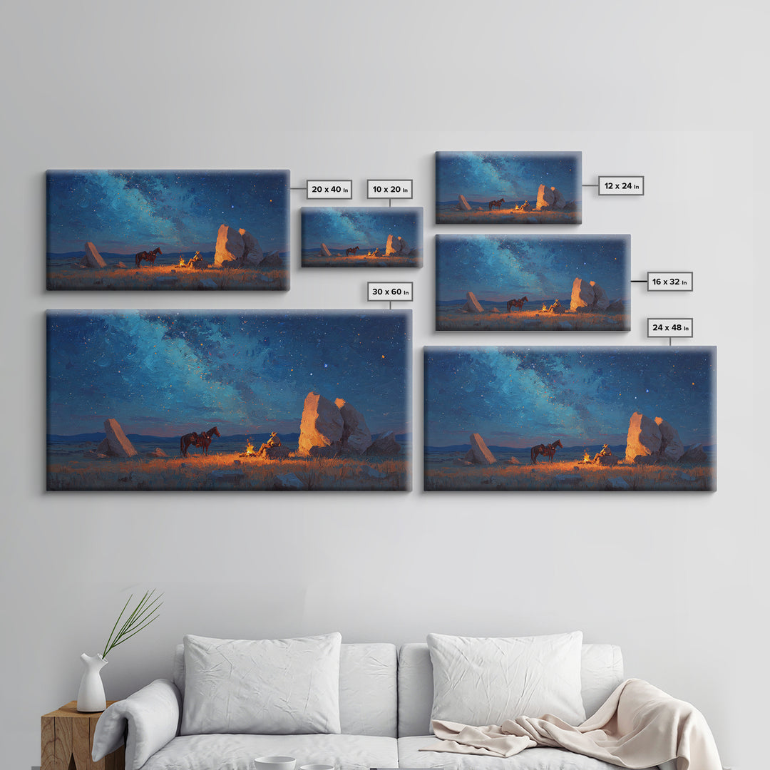 Western Cowboy Night Campfire Scene Oil Painting Canvas Print Large Wall Art Rustic Home Decor