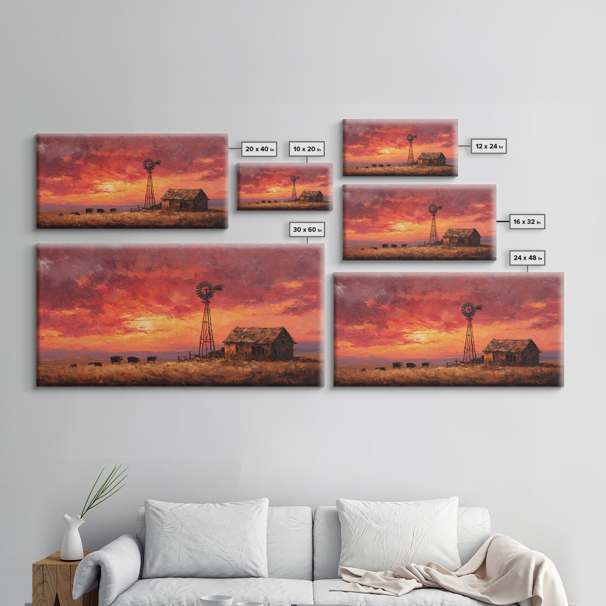 Rustic Western Landscape With Windmill And Cows At Glowing Sunset Framed Canvas Print For Farmhouse Decor