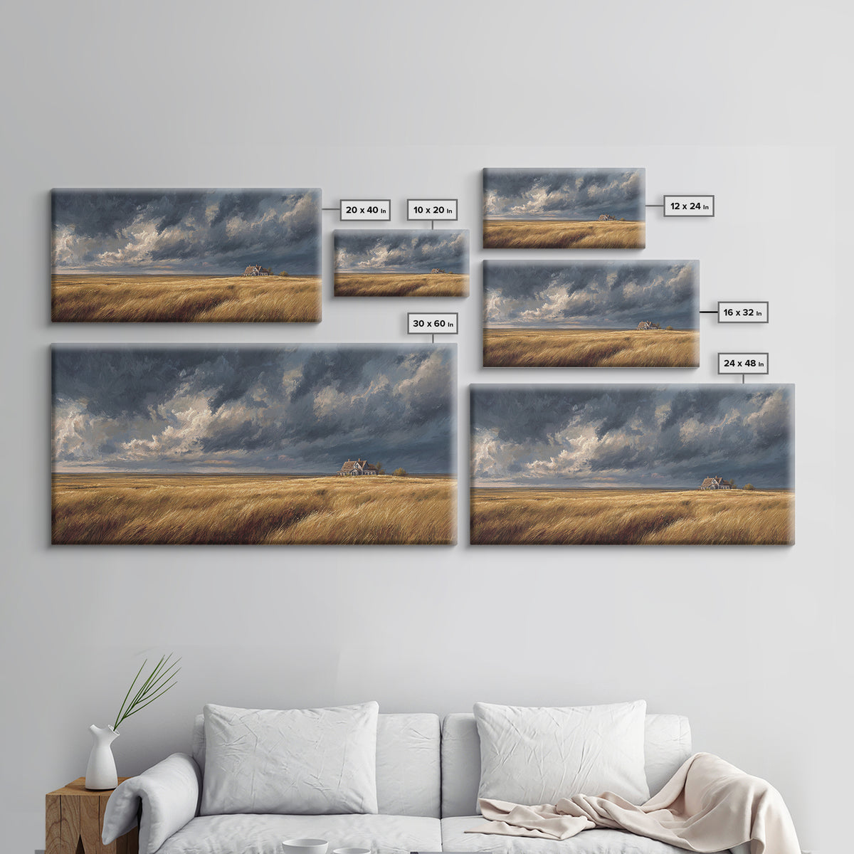 Golden Wheat Field With Rustic House Under Dramatic Sky Landscape Painting Canvas Print For Living Room Decor