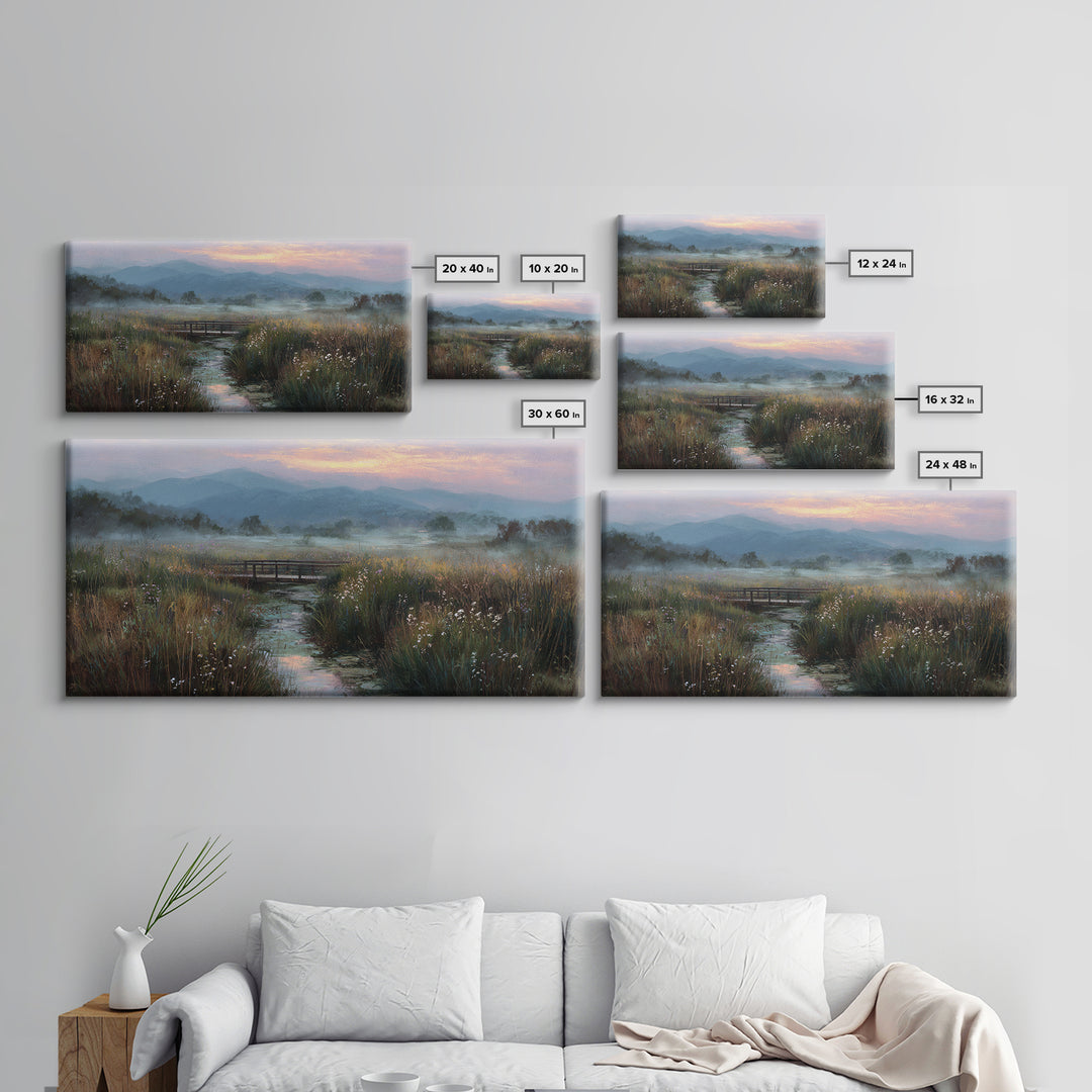 Tranquil Early Morning Meadow Landscape Oil Painting With Bridge Nature Wall Art For Rustic Home Decor Canvas Print