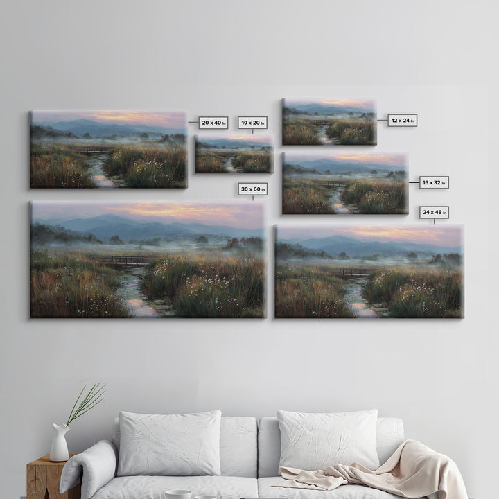 Tranquil Early Morning Meadow Landscape Oil Painting With Bridge Nature Wall Art For Rustic Home Decor Canvas Print