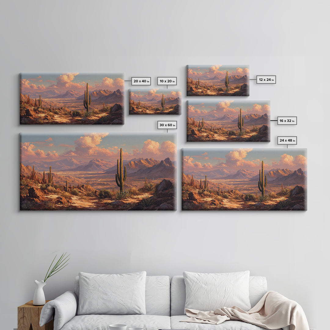 Southwestern Desert Landscape With Saguaro Cacti And Mountains Scenic Wall Art Framed Canvas Print Rustic Home Decor