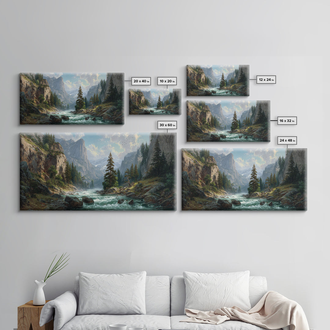 Majestic Mountain River Landscape Painting Large Wall Art Framed Canvas Print Rustic Home Decor Wall Hanging For Living Room Office