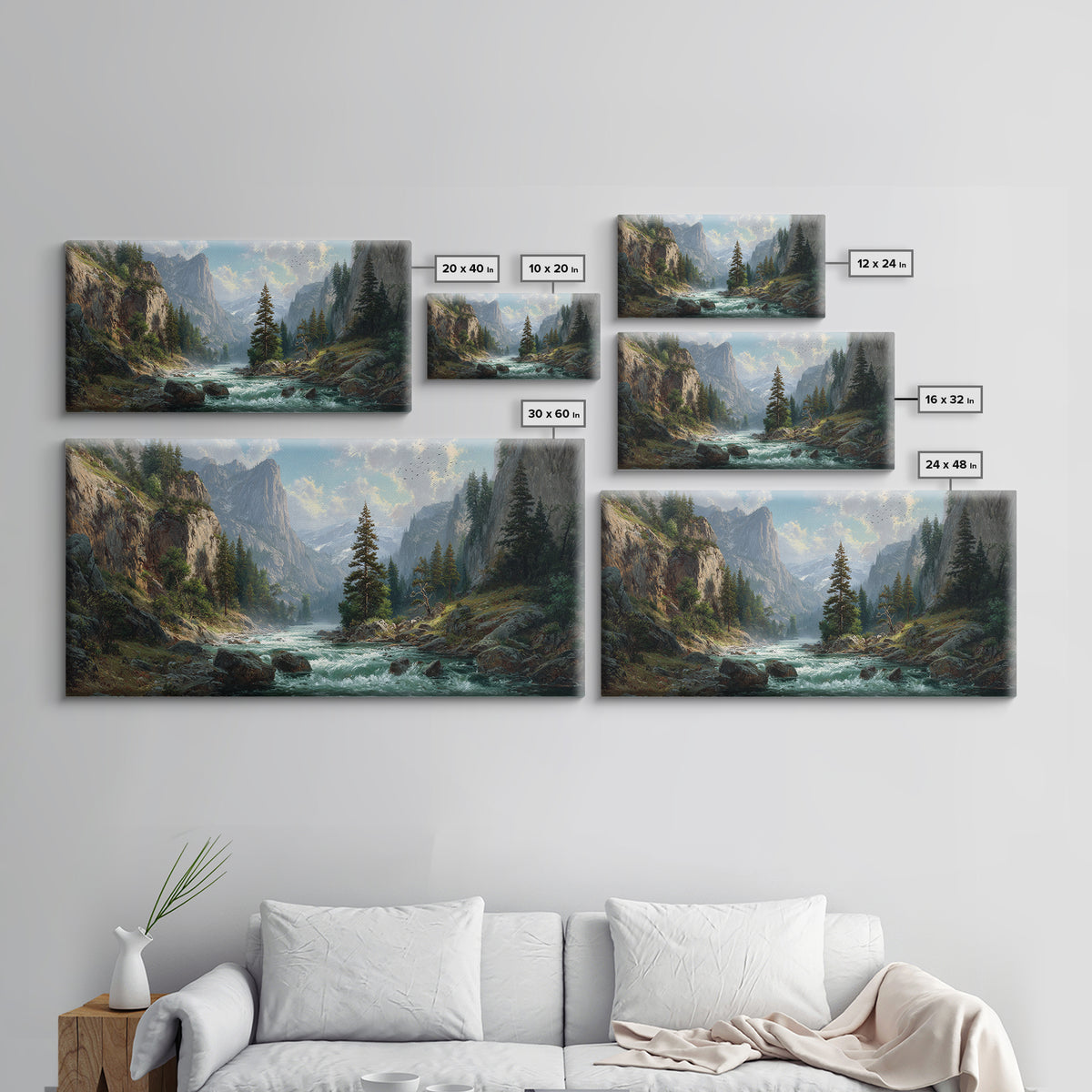 Majestic Mountain River Landscape Painting Large Wall Art Framed Canvas Print Rustic Home Decor Wall Hanging For Living Room Office