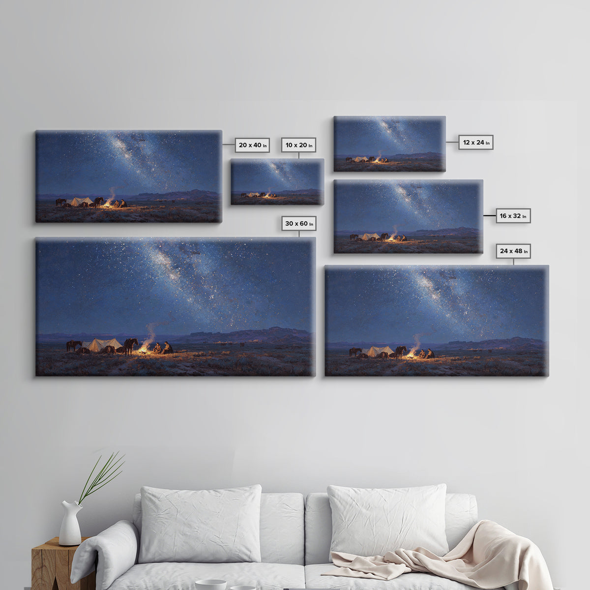 Western Night Landscape Painting With Campfire And Horses Under Starry Sky Wall Art