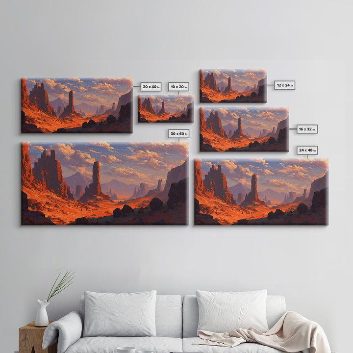 Dramatic Desert Landscape With Rocky Formations And Warm Sunset Sky Fine Art Wall Art Framed Canvas Print