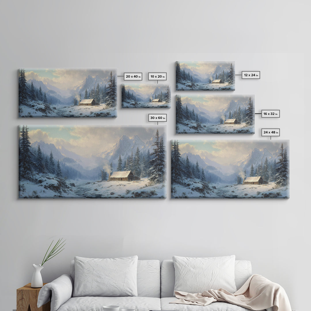 Classic Winter Cabin In Snowy Mountain Landscape Wall Art Framed Canvas Print Rustc Lodge Decor Cabin Wall Art Gift For Men