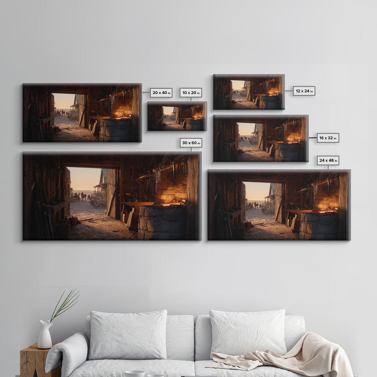 Rustic Blacksmith Forge Interior With Horses Silhouettes Wall Art Canvas Print For Western Decor And Farmhouse Style Home