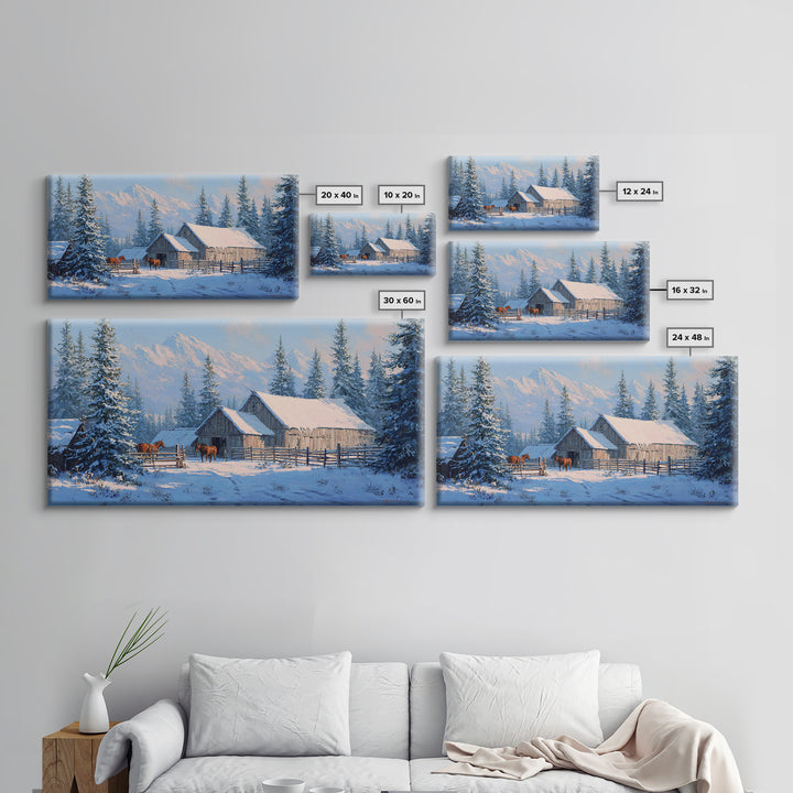 Charming Snowy Barn Winter Landscape Oil Painting Wall Art Framed Canvas Print Rustic Home Decor Cabin Living Room Art Print
