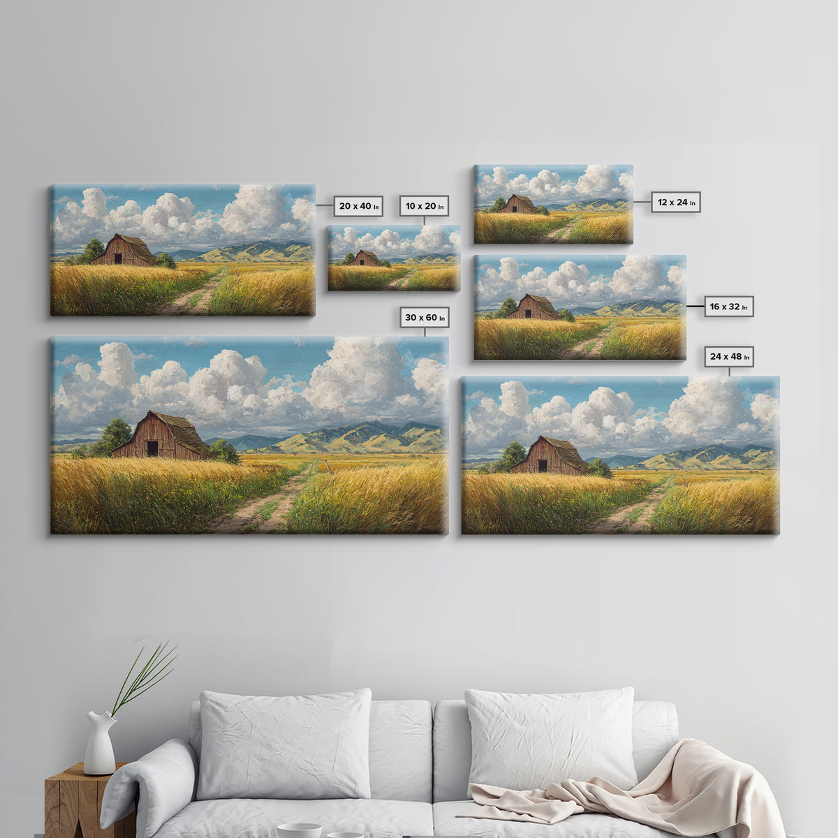 Classic Country Barn in Golden Autumn Field With Mountain Backdrop Oil Painting Canvas Print Wall Art for Rustic Home Decor