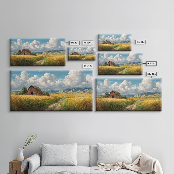 Classic Country Barn in Golden Autumn Field With Mountain Backdrop Oil Painting Canvas Print Wall Art for Rustic Home Decor
