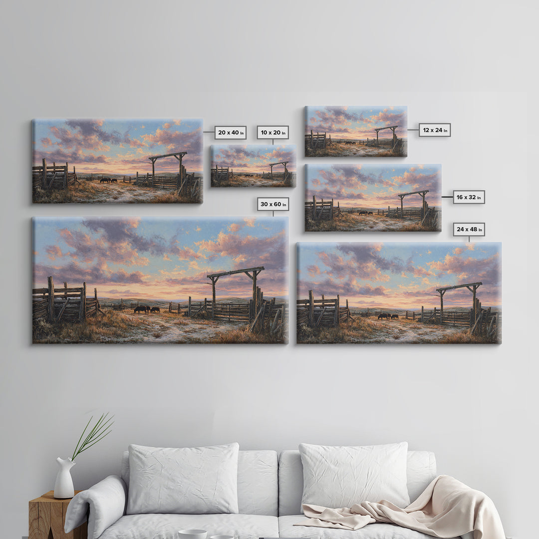 Rustic Western Ranch Sunset Landscape Painting Of Horses Grazing At Dusk Framed Canvas Print For Modern Wall Art And Home Decor