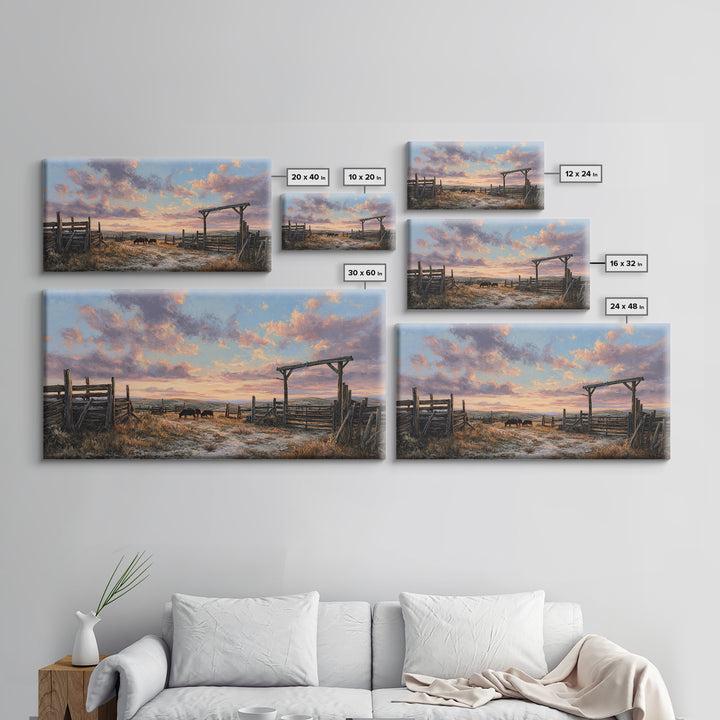 Rustic Western Ranch Sunset Landscape Painting Of Horses Grazing At Dusk Framed Canvas Print For Modern Wall Art And Home Decor