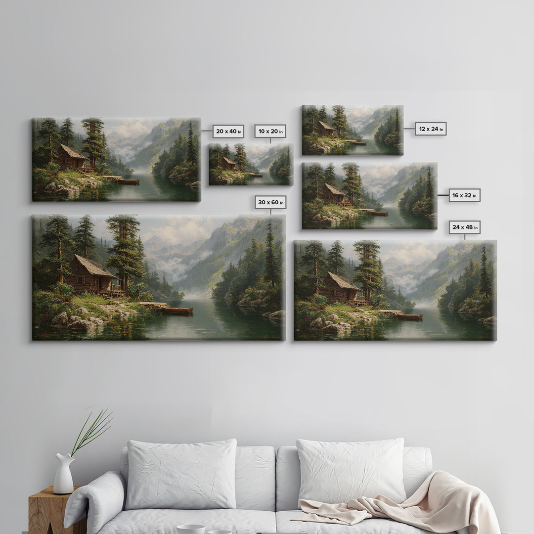 Peaceful Riverside Cabin Landscape Painting Wall Art Framed Canvas Print Rustic Home Decor Large Art Print