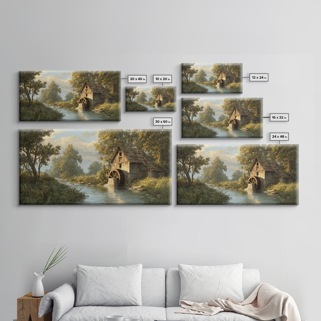 Rustic Watermill On River Landscape Oil Painting Canvas Print Wall Art For Cozy Farmhouse Home Decor