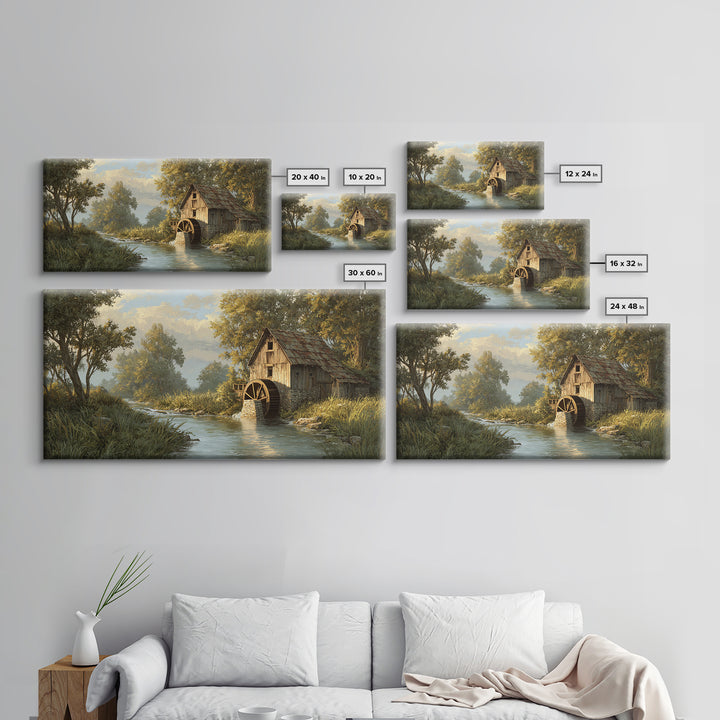 Rustic Watermill On River Landscape Oil Painting Canvas Print Wall Art For Cozy Farmhouse Home Decor