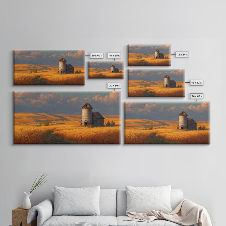 Rustic Barn In Golden Wheat Field Landscape Painting Beautiful Country Scene Wall Art Framed Canvas Print For Farmhouse Decor
