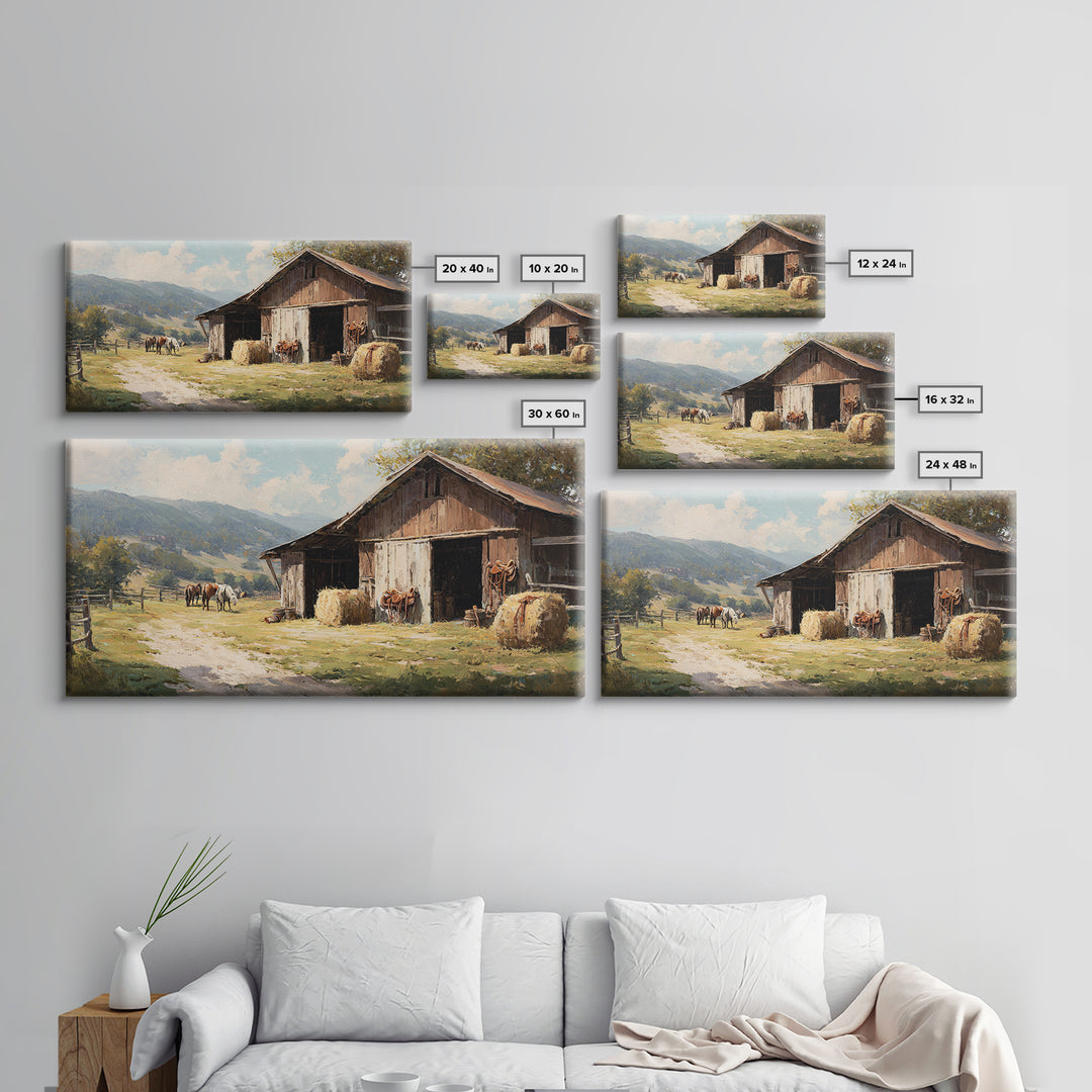 Rustic Western Hay Bales And Horses In Countryside Oil Painting Canvas Print For Farmhouse Wall Art And Country Home Decor